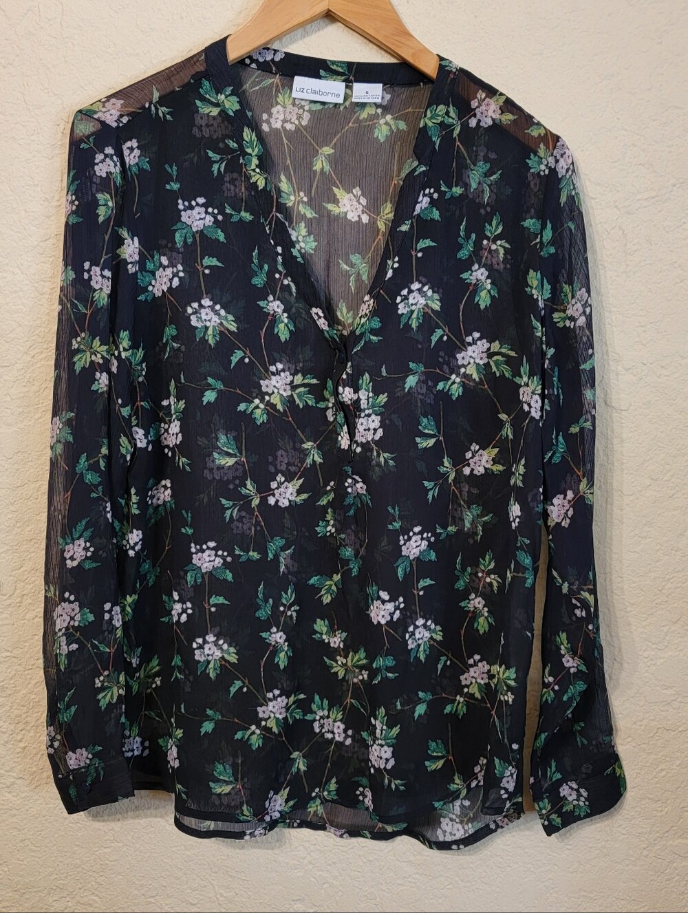 Liz Claiborne Women's Navy Floral Sheer Blouse Sz S